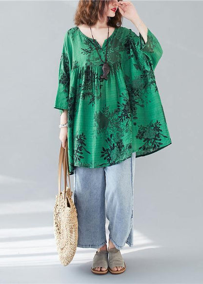 Organic Loose Cotton Linen Summerclothes Green Prints V Neck Loose Blouse