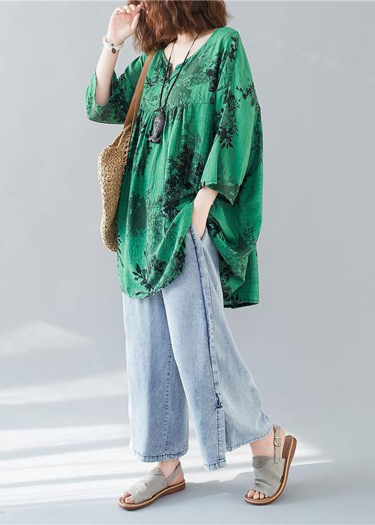 Organic Loose Cotton Linen Summerclothes Green Prints V Neck Loose Blouse
