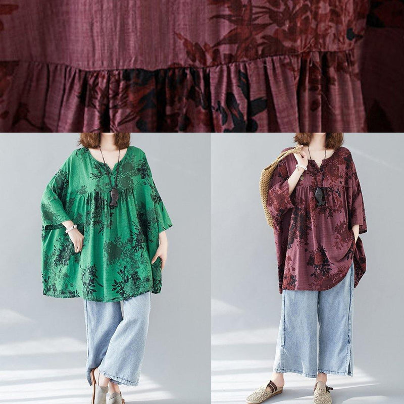 Organic Loose Cotton Linen Summerclothes Green Prints V Neck Loose Blouse