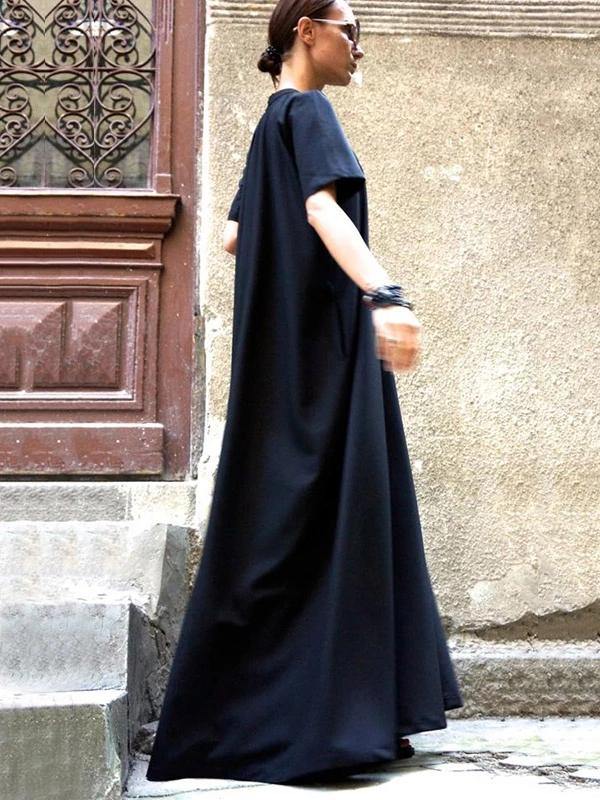 Organic Navy Dresses Short Sleeve Large Hem Cotton Spring Dresses