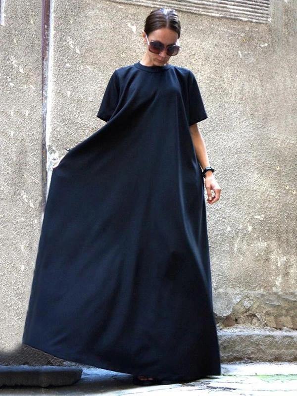 Organic Navy Dresses Short Sleeve Large Hem Cotton Spring Dresses