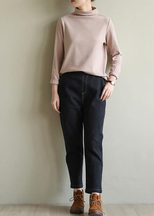Organic nude cotton clothes half high neck Art spring blouse