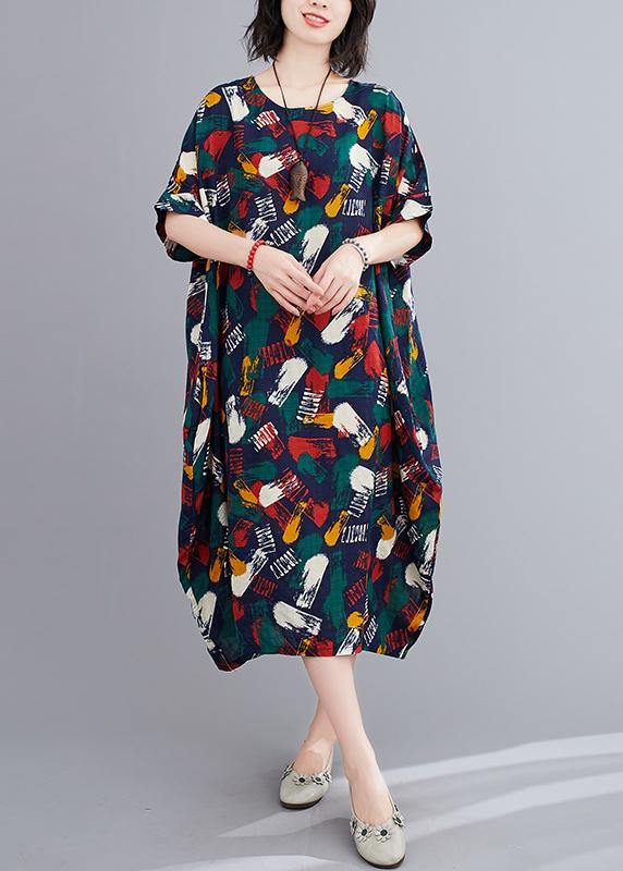 Organic O Neck Batwing Sleeve Dress Fabrics Blue Print Maxi Dresses