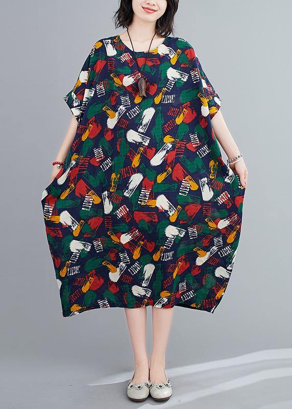Organic O Neck Batwing Sleeve Dress Fabrics Blue Print Maxi Dresses