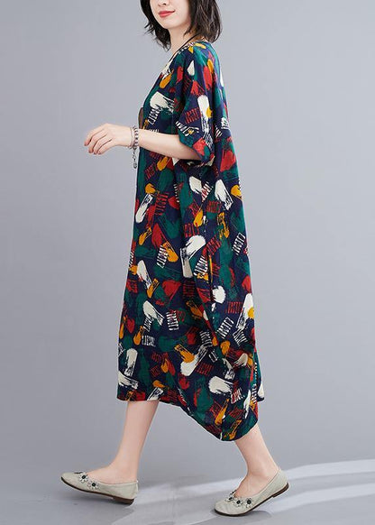 Organic O Neck Batwing Sleeve Dress Fabrics Blue Print Maxi Dresses