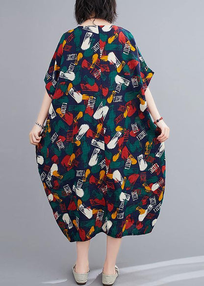 Organic O Neck Batwing Sleeve Dress Fabrics Blue Print Maxi Dresses