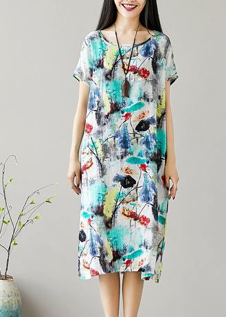Organic O Neck Cotton Tunics Sewing Green Print Dresses Summer