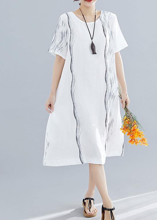 Organic O Neck Cotton Dresses Runway White Print Dresses Summer