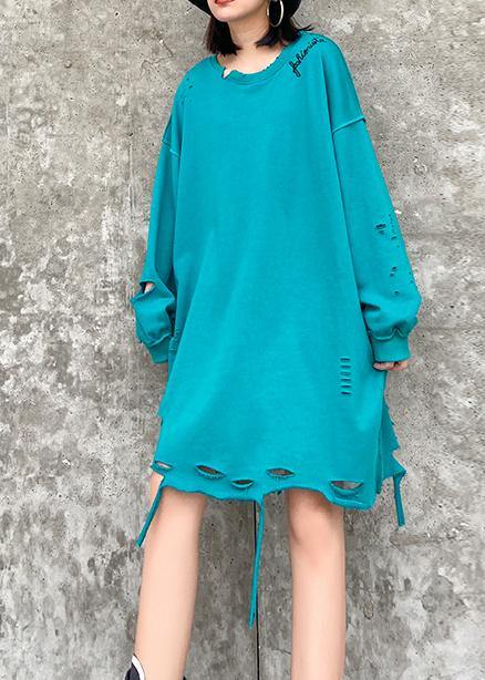 Organic O Neck Hole Spring Blouse Blue Green Knee Shirt