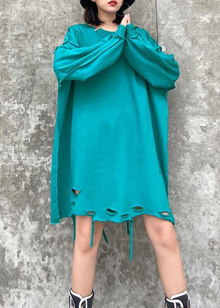 Organic O Neck Hole Spring Blouse Blue Green Knee Shirt