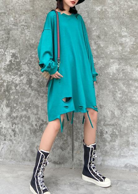 Organic O Neck Hole Spring Blouse Blue Green Knee Shirt
