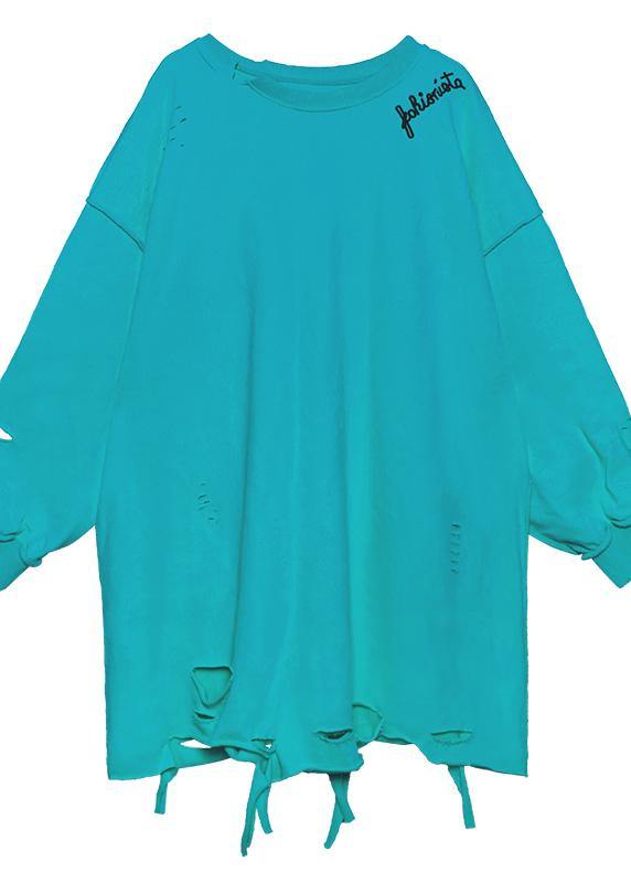 Organic O Neck Hole Spring Blouse Blue Green Knee Shirt