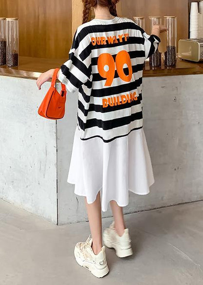 Organic O Neck Ruffles Summer Tunics for Work Black White Striped Dresses