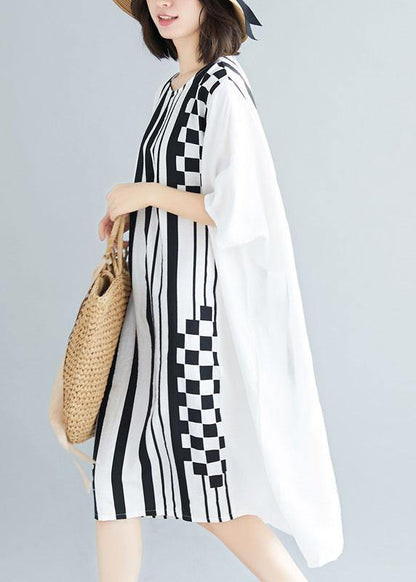 Organic O Neck Asymmetric Cotton White Striped Dress Summer
