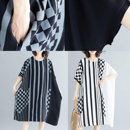 Organic O Neck Asymmetric Cotton White Striped Dress Summer