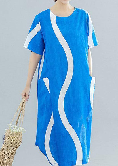 Organic O Neck Asymmetric Cotton Tunic Top Runway Blue Striped Art Dresses Summer