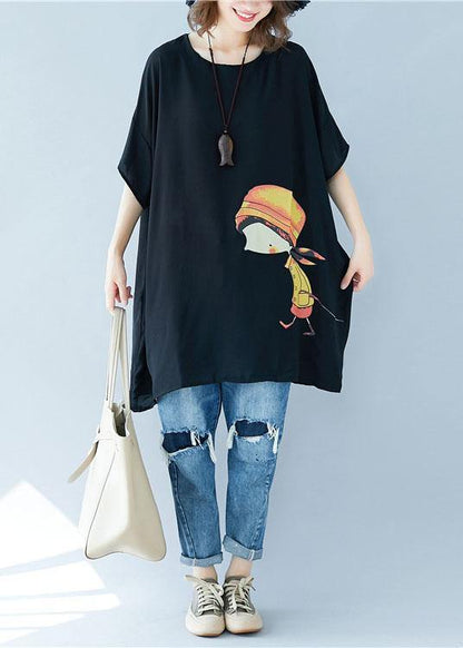 Organic O Neck Asymmetric Linen Summer Tunic Shirts Black Dress