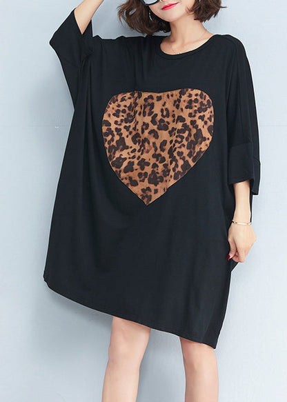 Organic O Neck Baggy Cotton Tunic Pattern Photography Black Short Dresses Summer