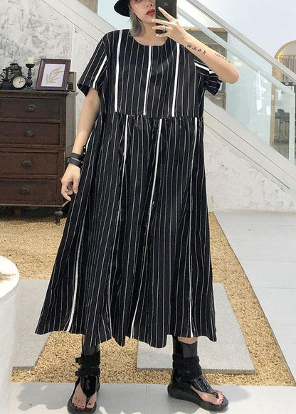 Organic O Neck Cotton Clothes Sleeve Black Striped Robe Dresses Summer