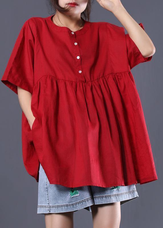 Organic O Neck Cotton Shirts Red Short Tops Summer