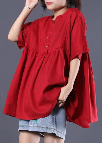 Organic O Neck Cotton Shirts Red Short Tops Summer