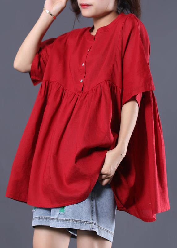 Organic O Neck Cotton Shirts Red Short Tops Summer