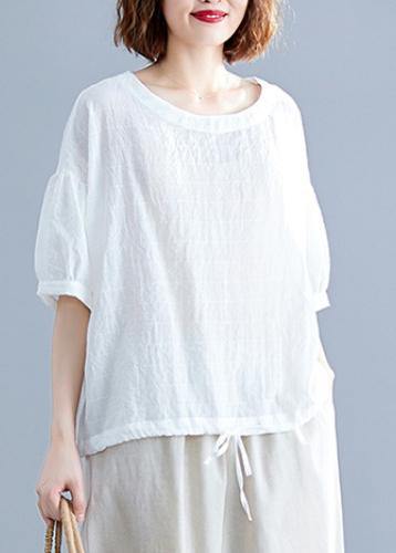 Organic O Neck Drawstring Cotton Blouse Christmas Gifts White Blouses