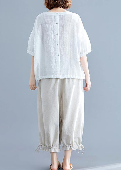 Organic O Neck Drawstring Cotton Blouse Christmas Gifts White Blouses