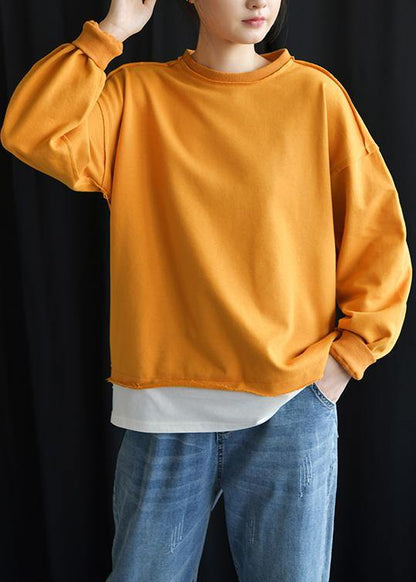 Organic o neck false two pieces cotton Outfits yellow top fall