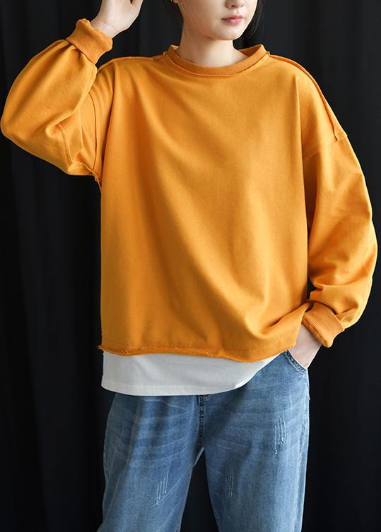 Organic O Neck False Two Pieces Cotton Outfits Yellow Top Fall