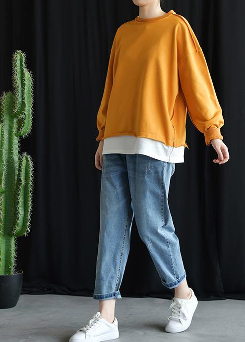 Organic O Neck False Two Pieces Cotton Outfits Yellow Top Fall