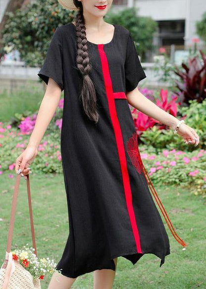 Organic O Neck Linen Wardrobes Photography Black Embroidery Dress Summer