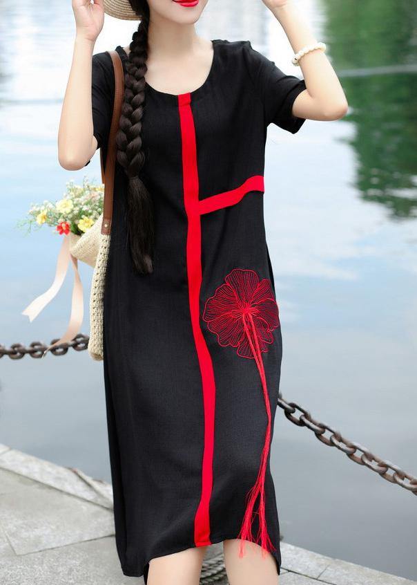 Organic O Neck Linen Wardrobes Photography Black Embroidery Dress Summer