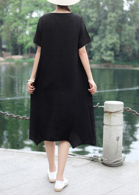 Organic O Neck Linen Wardrobes Photography Black Embroidery Dress Summer