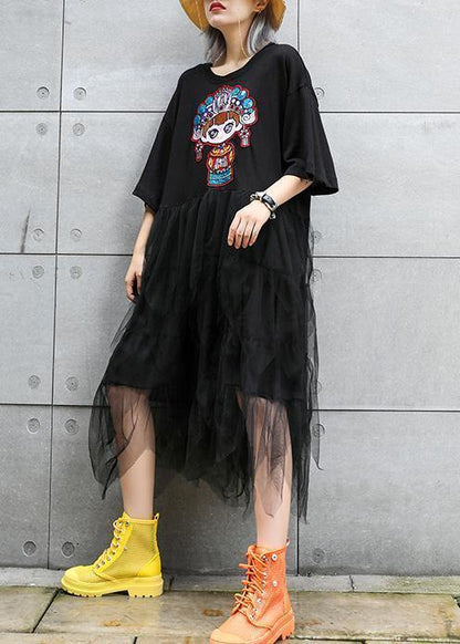 Organic O Neck Patchwork Asymmetric Cotton Dresses Black Print Dress Summer