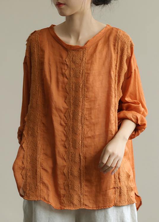Organic o neck patchwork lace fall tunics for women Shirts orange shirts
