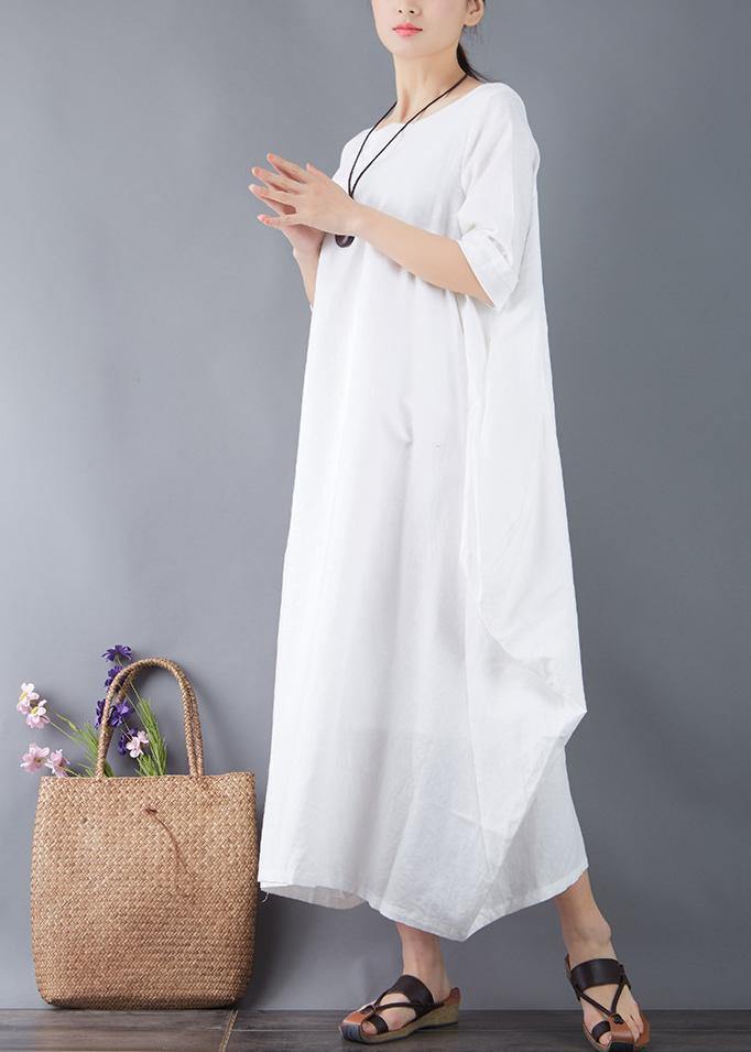 Organic O Neck Patchwork Linen Clothes for Shape White Dress Summer