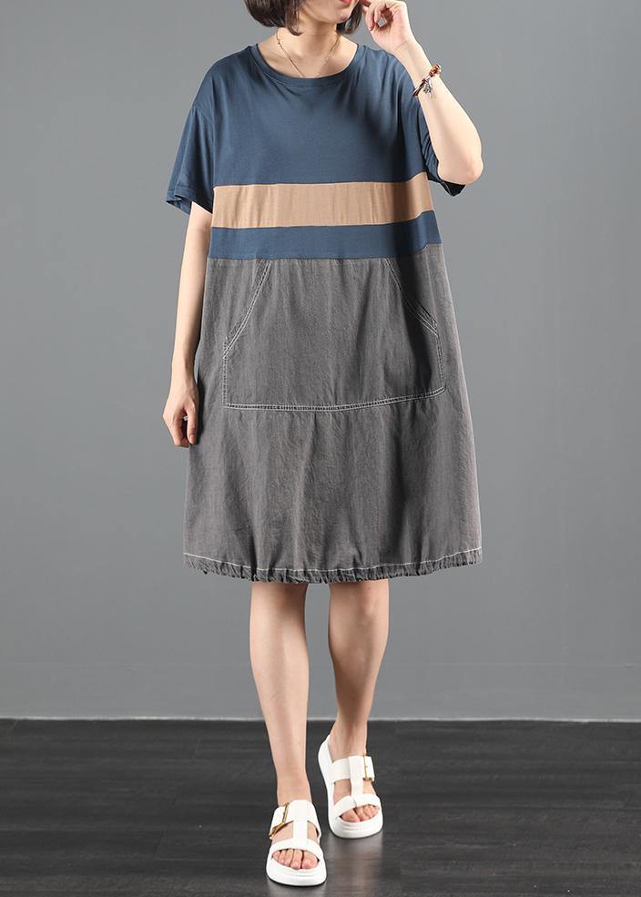 Organic O Neck Patchwork Summer Clothes for Pattern Blue Dress