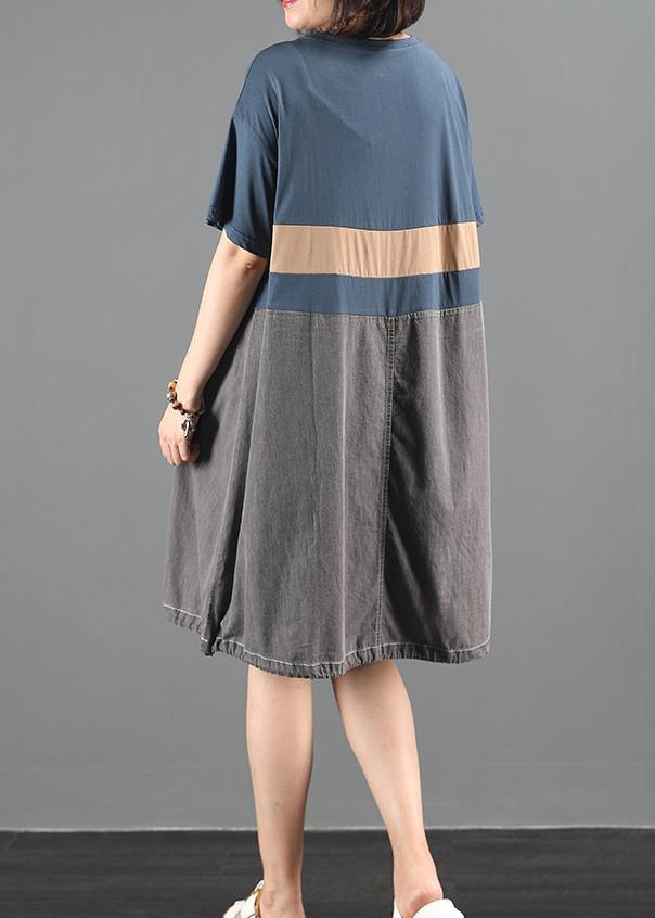 Organic O Neck Patchwork Summer Clothes for Pattern Blue Dress