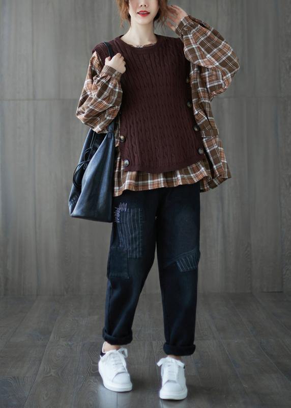 Organic o neck patchwork top silhouette design khaki shirt