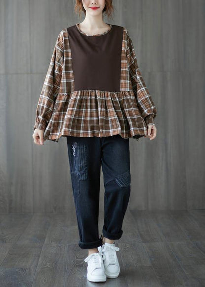 Organic o neck patchwork top silhouette design khaki shirt