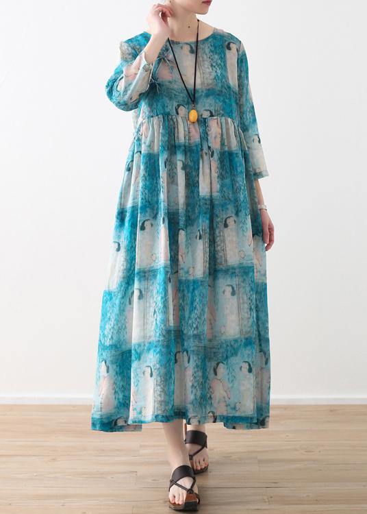 Organic O Neck Cinched Linen Clothes for Catwalk Blue Lady Figure Print Dress