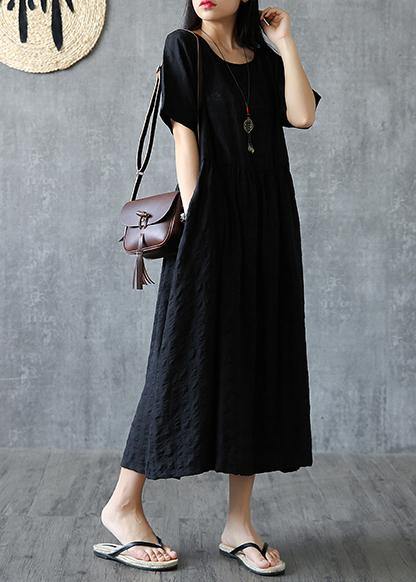 Organic O Neck Cinched Linen Cotton Clothes for Sleeve Black Dress Summer