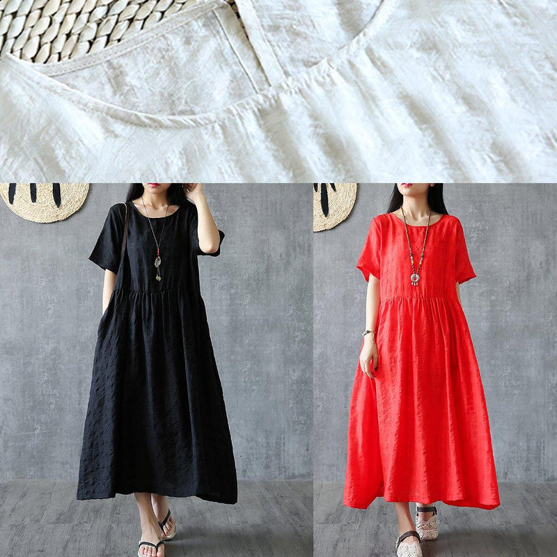Organic O Neck Cinched Linen Cotton Clothes for Sleeve Black Dress Summer