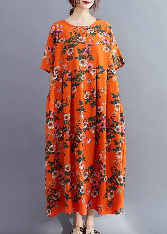 Organic O Neck Cinched Summer Quilting Clothes Catwalk Orange Traveling Dress