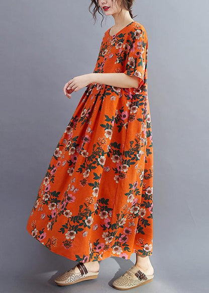 Organic O Neck Cinched Summer Quilting Clothes Catwalk Orange Traveling Dress