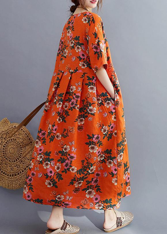 Organic O Neck Cinched Summer Quilting Clothes Catwalk Orange Traveling Dress