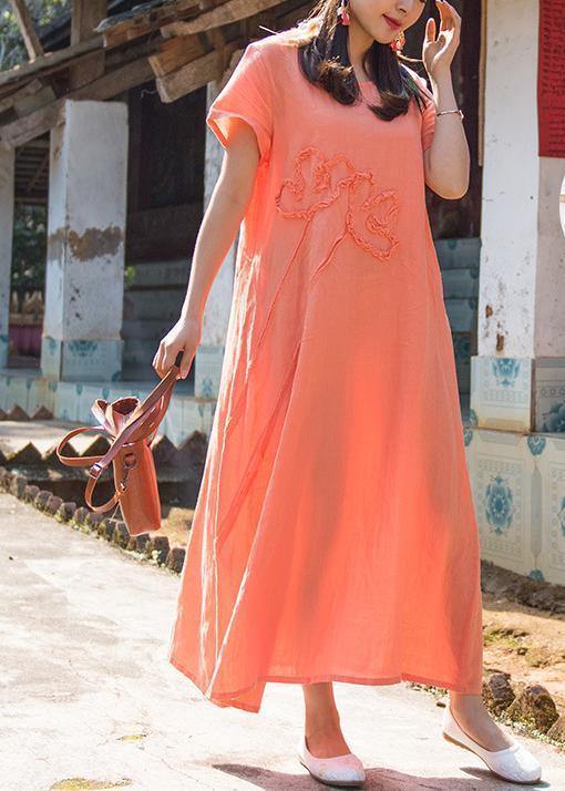 Organic Orange Cotton Clothes O Neck Pockets Loose Summer Dresses