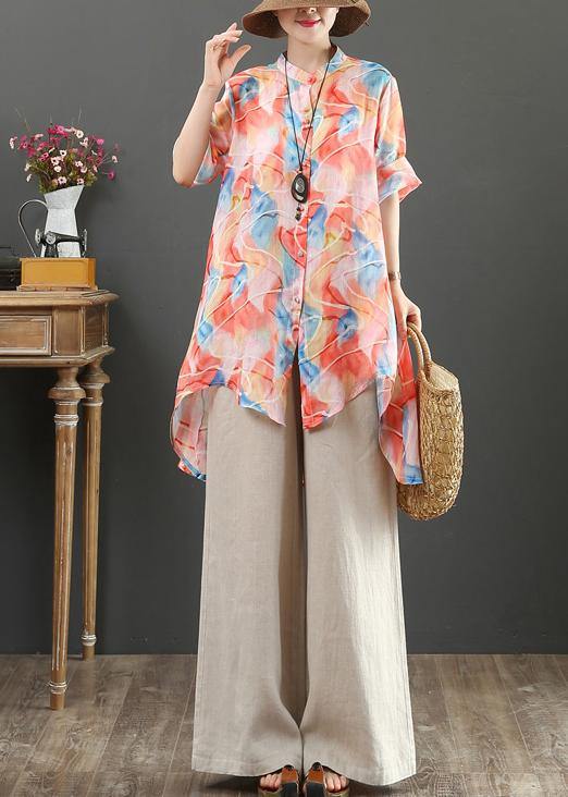 Organic Orange Print Linen Tops Stand Collar Low High Design Art Tops