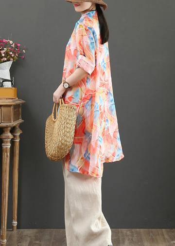 Organic Orange Print Linen Tops Stand Collar Low High Design Art Tops